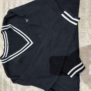 Black crop V-Neck Sweater with White Stripe Trim